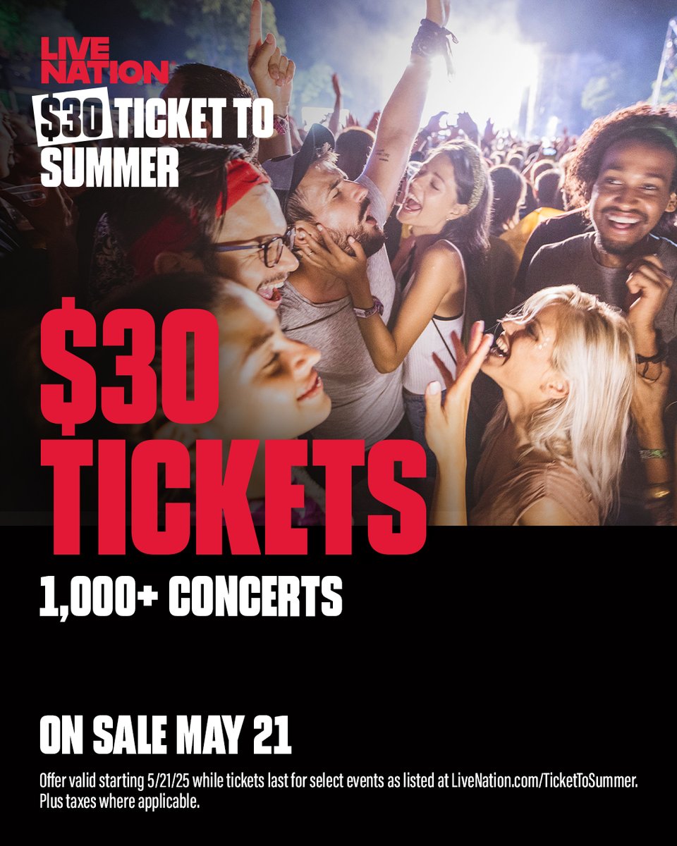 Countdown is on! 🥳⏰  Get $30 concert tickets to 1,000+ shows, on sale May 21. Make it a summer of live music with your $30 Ticket to Summer.

livemu.sc/3SxDzD0