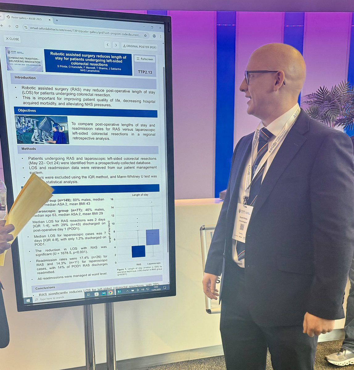 James Saldanha (@jdsaldanha) on Twitter photo A poster showing RAS surgery for left sided colonic resections significantly reduces length of stay compared with lap/open surgery. Median LOS 2 days. Presented yesterday by the <a href="/NHSLanarkshire/">NHS Lanarkshire</a> team at #ASGBI2025 Great work from Stuart Printie. A poster showing RAS surgery for left sided colonic resections significantly reduces length of stay compared with lap/open surgery. Median LOS 2 days. Presented yesterday by the <a href="/NHSLanarkshire/">NHS Lanarkshire</a> team at #ASGBI2025 Great work from Stuart Printie.