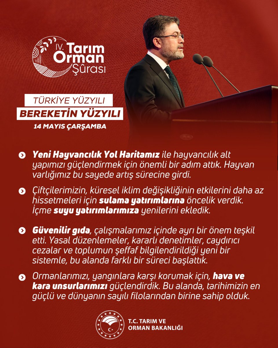 Bakanımız Sayın <a href="/ibrahimyumakli/">İbrahim Yumaklı</a>:

"Yeni Hayvancılık Yol Haritamız ile hayvancılık alt yapımızı güçlendirmek için önemli bir adım attık."

📍 IV. Tarım Orman Şûrası