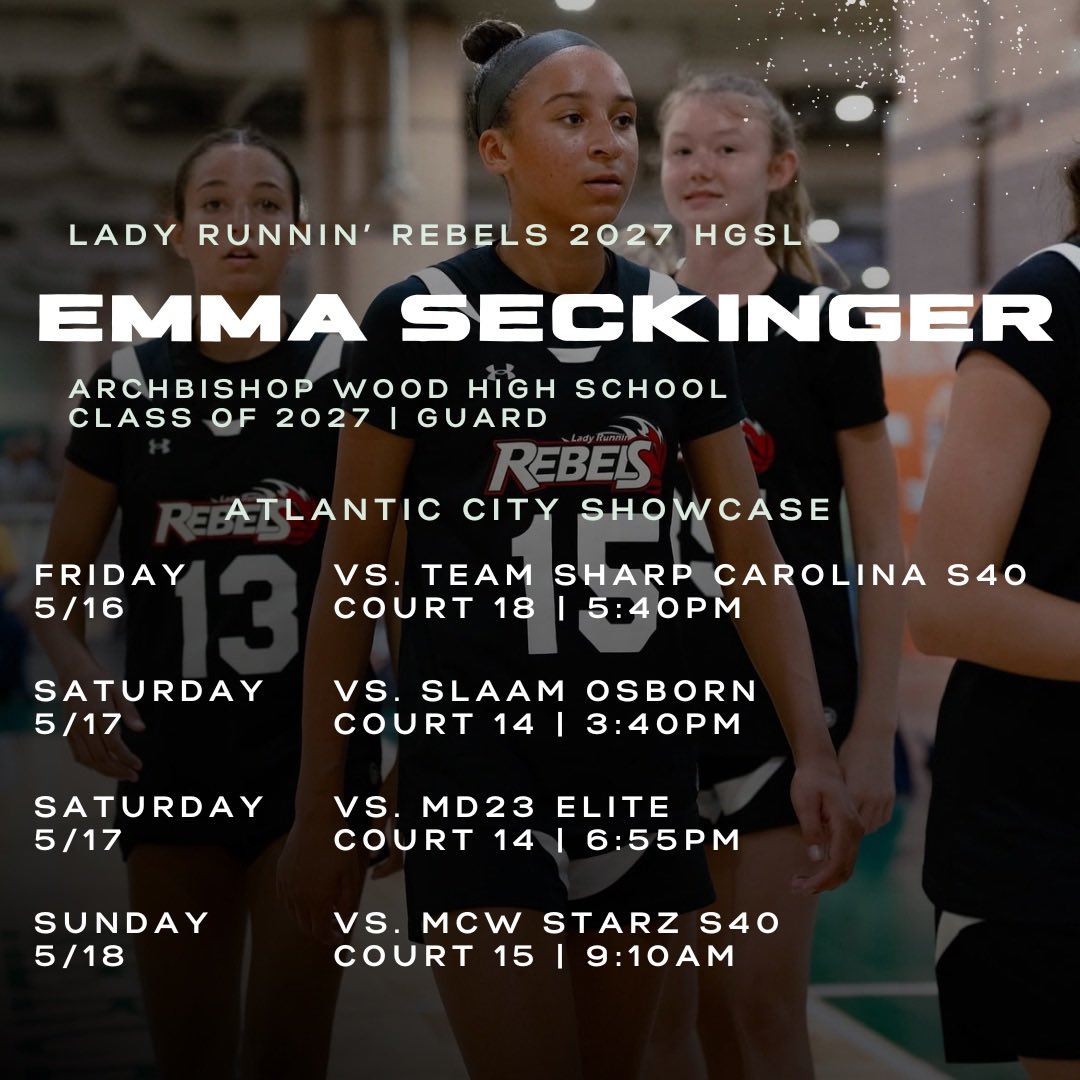 emma seckinger (@emma_seckinger) on Twitter photo So excited to play this weekend in the Atlantic City Showcase with <a href="/LadyRunnin/">Lady Runnin Rebels</a>! Here’s our schedule! <a href="/WoodGirlsBball/">Archbishop Wood Girls Basketball</a> <a href="/tinabastardi/">Tina Bastardi</a> So excited to play this weekend in the Atlantic City Showcase with <a href="/LadyRunnin/">Lady Runnin Rebels</a>! Here’s our schedule! <a href="/WoodGirlsBball/">Archbishop Wood Girls Basketball</a> <a href="/tinabastardi/">Tina Bastardi</a>