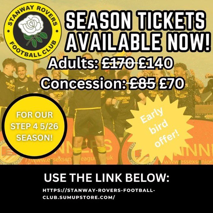 StanwayRovers's tweet photo. 25/26 EARLY BIRD SEASON TICKET STILL ON-SALE!

The early bird season-tickets for the 25/26 season are still AVAILABLE but only for a limited time!

Follow this link to get an early-bird season ticket: …https://t.co/AVX2l0tmuk https://t.co/BA1DAyOPDU