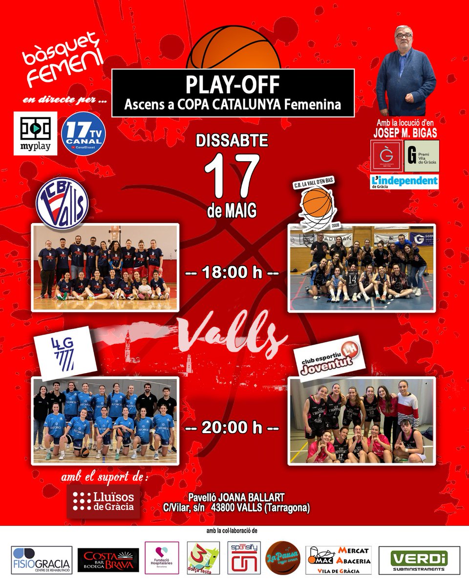 #EsportGracienct'estimo (@barridelcoll) on Twitter photo PLAY-OFF Ascens a Copa Catalunya Femenina.
<a href="/CBValls/">Club Bàsquet Valls</a>
<a href="/cbvalldenbas/">CB La Vall d'en Bas</a>
<a href="/BasquetLldG/">Bàsquet Lluïsos</a>
<a href="/CEJLHospitalet/">CEJ L'Hospitalet</a> PLAY-OFF Ascens a Copa Catalunya Femenina.
<a href="/CBValls/">Club Bàsquet Valls</a>
<a href="/cbvalldenbas/">CB La Vall d'en Bas</a>
<a href="/BasquetLldG/">Bàsquet Lluïsos</a>
<a href="/CEJLHospitalet/">CEJ L'Hospitalet</a>