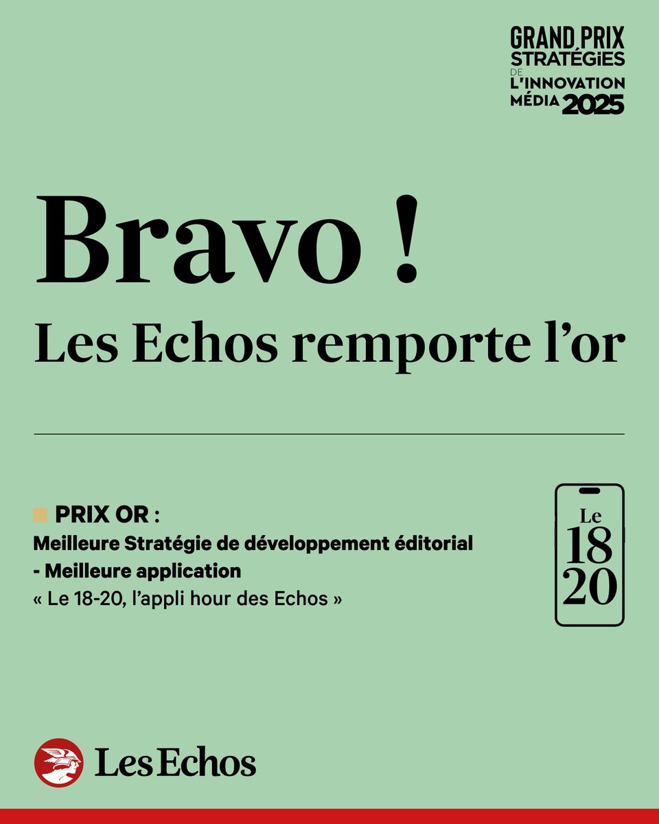 LesEchos's tweet image. 🏆 Les Echos récompensé au Grand Prix Stratégies de l’Innovation Média 2025 !
🥇 Grâce au lancement "Le 18-20, l'appli hour des Echos", Les Echos remporte le Prix Or dans la catégorie "Meilleure Stratégie de développement éditorial - Meilleure application".
👉 +70% de visiteurs…