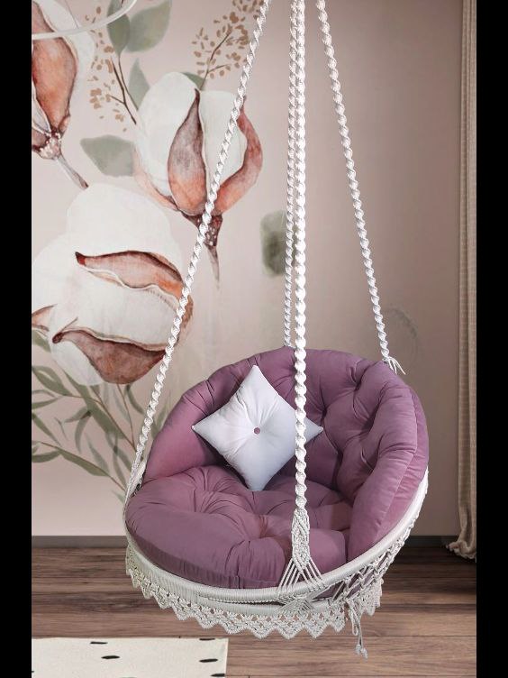 Hanging macramé chair-hammock, with a butterfly pattern on the back, and with a short openwork edging, large pillows, Outdoor Garden swing etsy.me/3GT6NK9 через <a href="/Etsy/">Etsy</a>