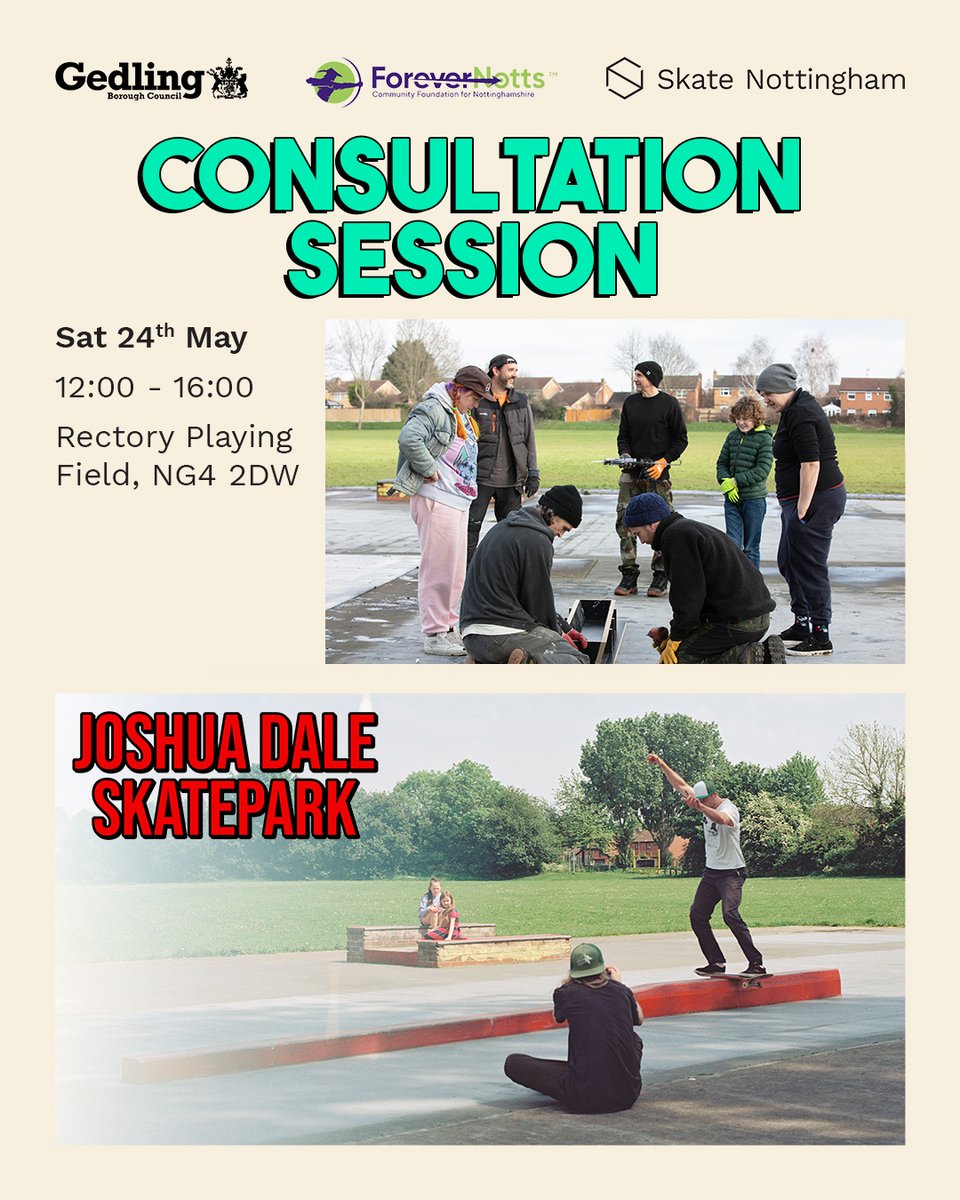 Over the next x2 Saturdays, there are x2 skatepark consultation, community engagement and co-design events to get involved in.
Stapleford Skatepark with <a href="/broxtowebc/">Broxtowe Borough Council</a> ; and a broader discussion about the future of the former Joshua Dale Skatepark, Colwick, with <a href="/GedlingBC/">Gedling Borough Council</a> 

3/3