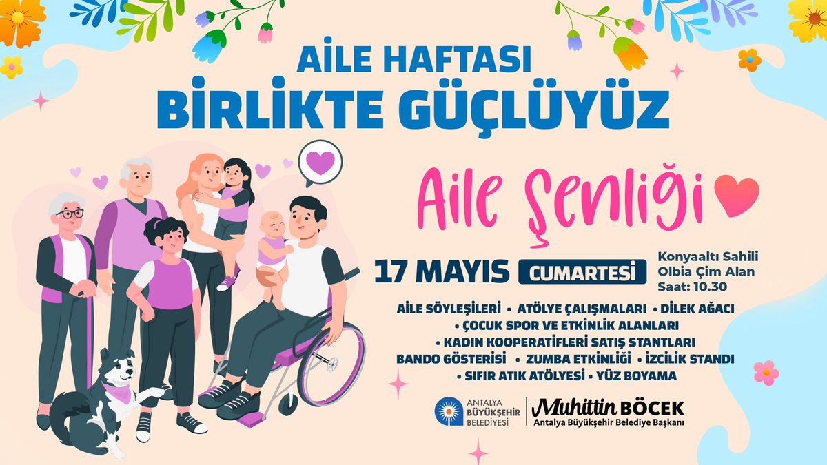 Aile Haftası’nda buluşma zamanı! 👨‍👩‍👧‍👦🎉
Sohbetler, atölyeler, spor, müzik ve daha fazlası 17 Mayıs’ta Konyaaltı’nda! 💃🎨🌿
Birlikte gücümüz daha büyük! 💪❤️

#AileHaftası #BirlikteGüçlüyüz #Antalya