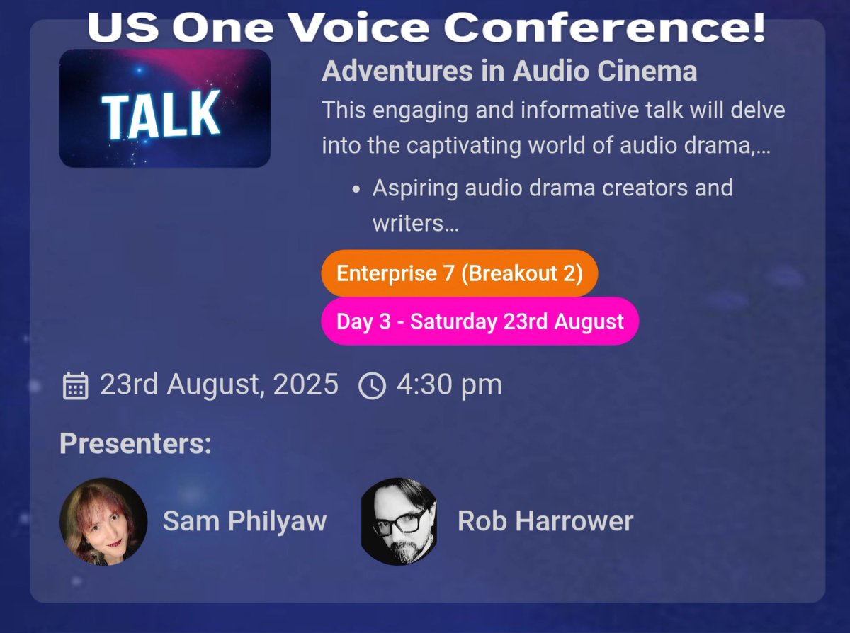 If you're going to be at the One Voice Conference, in Dallas, TX from August 21 -24 this year, why not come and learn about audio drama? Its rich history, from the radio plays of the early 20th century to what audio drama does for voice over now, hosted by <a href="/samphilyawvo/">Sam Philyaw</a> and me!