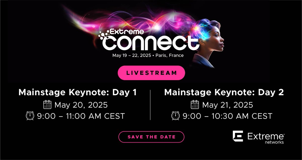 LSON511's tweet image. Wish you were at #ExtremeConnect2025? Tune in virtually! @ExtremeNetworks is livestreaming the mainstage sessions so you can experience every keynote, reveal, and innovation wherever you are. 
 
Watch here on Tuesday May 20th &amp;amp; Wednesday May 21st: extremenetworks.com/extremeconnect…