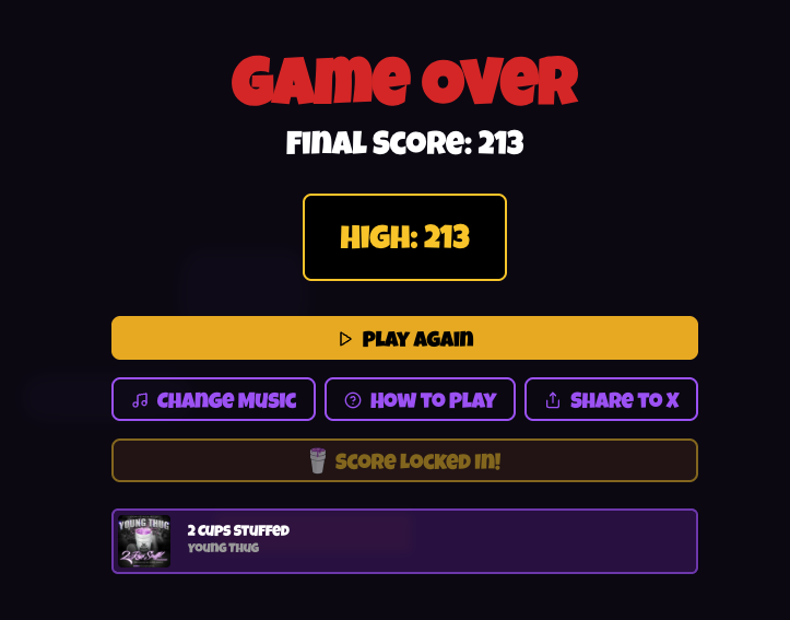 Gprove!

🥤🥤🥤 I just collected 213 lean cups in Double Cup Dash by <a href="/SuccinctLabs/">Succinct</a> while vibing out to 2 Cups Stuffed by Young Thug! #SuccinctStars