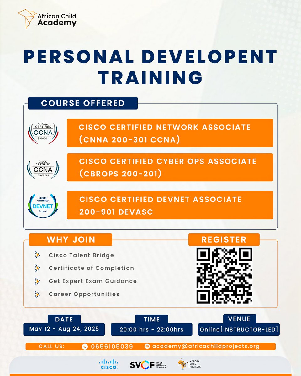 Join our professional program. 
3 months program, 
Become a network associate, Cyber security associate or Dev Net Associate. Register now to secure your spots 👇👇👇 forms.office.com/r/vqiZqwS6Fg?o…