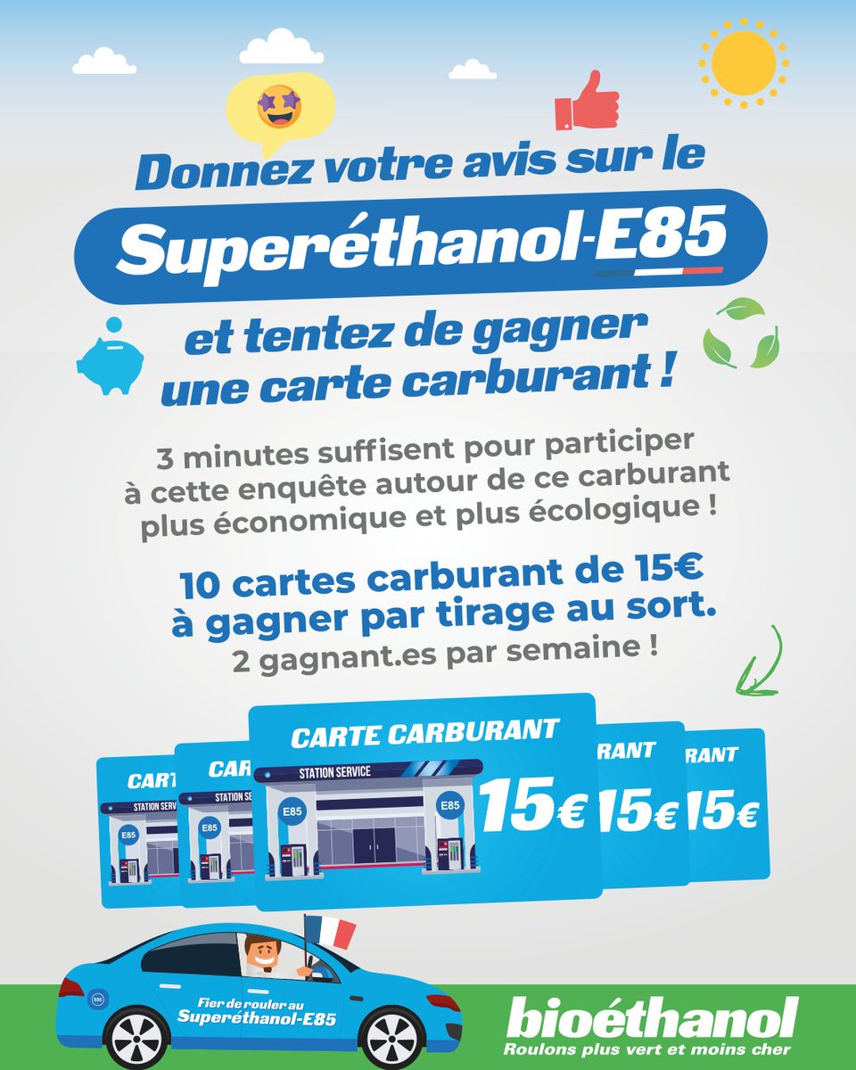 🚗 Donnez votre avis sur le Superéthanol-E85 et tentez de gagner une carte carburant de 15€ !

✅ Vous roulez déjà au Superéthanol-E85 ou vous envisagez de l’adopter ? Cette enquête est faite pour vous !

👉 3 minutes suffisent pour partager votre expérience ou votre opinion.