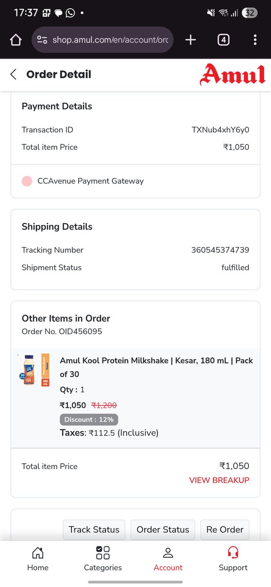 arushkumar92's tweet photo. @amulcares I ordered protein milkshake pack of 30 but in the delivered order 10 bottles are missing.  Please help. https://t.co/TDBYi1QNxW