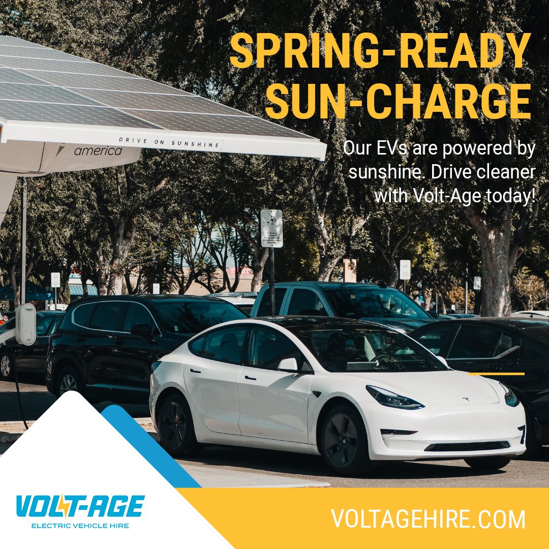 Spring's here, and so is the sunshine! 🚗 At Volt-Age, our EVs don’t just drive clean they’re charged by the sun itself ☀️🔋 Thanks to our solar-powered depot, every mile is a greener one. 
 Ready to make the switch? Link in bio 🌱✨ #Voltage #ElectricCarHire #SustainableTravel
