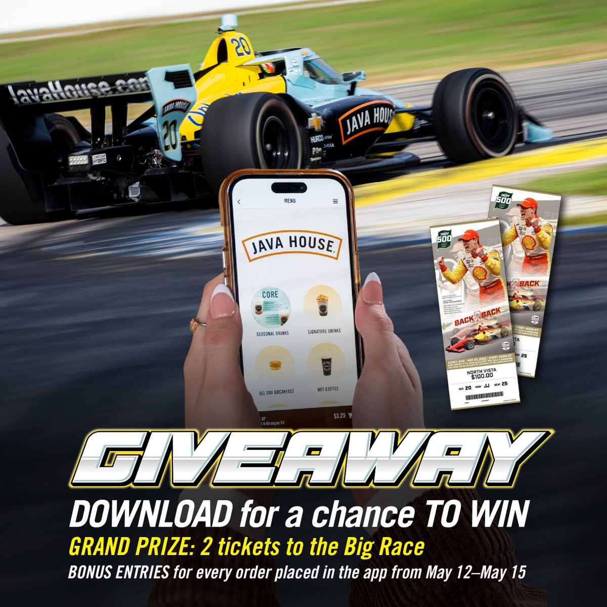 javahouse's tweet image. Download the Java House app for a chance to WIN 2 TICKETS + diecast cars + exclusive merch!
☕ Bonus entries for every in-app order May 12–15.
javahouse.com/pages/java-hou…
((No purchase necessary. Giveaway ends May 15, 2024. Winner will be contacted directly. This promotion is not…