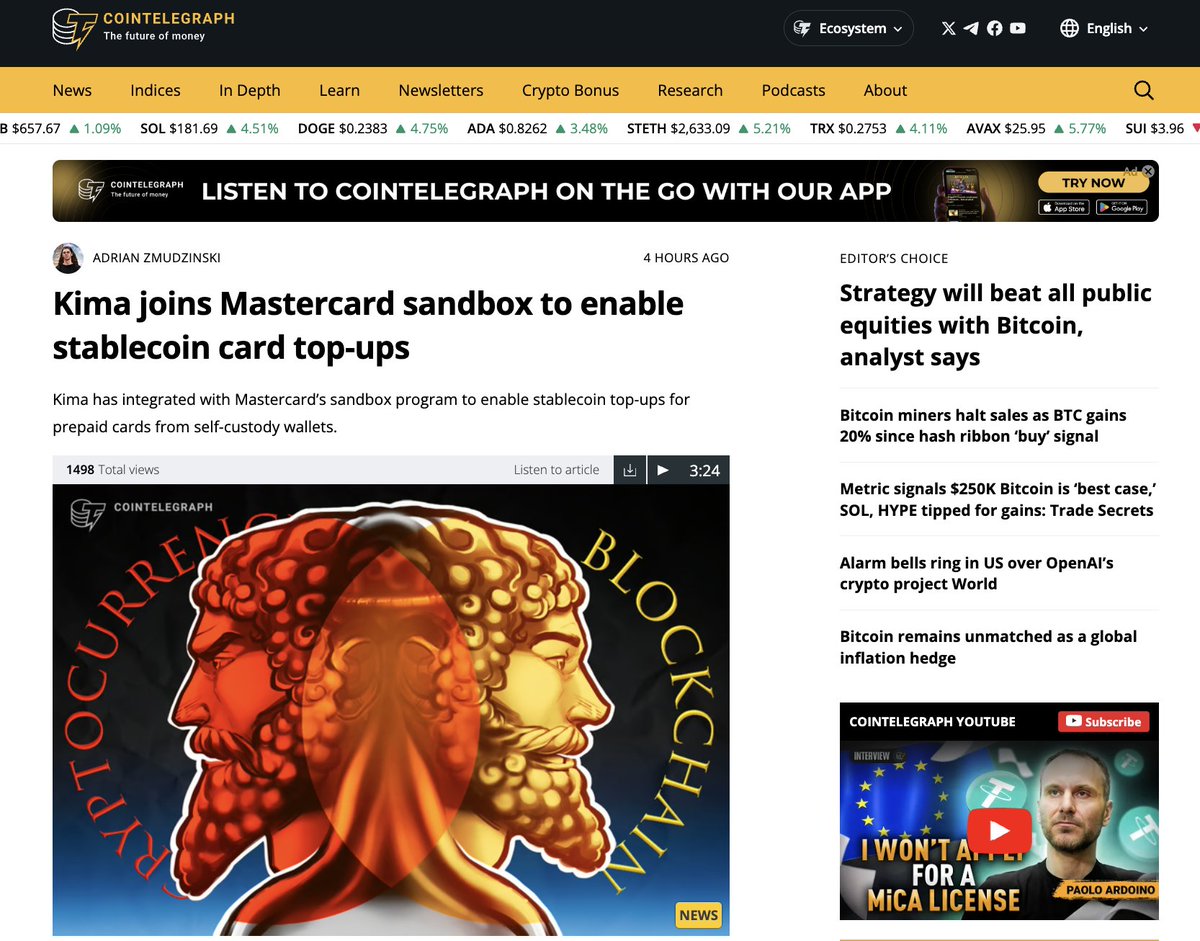 Kima Network (@kimanetwork) on Twitter photo 🚨 HUGE NEWS! We’re featured in <a href="/Cointelegraph/">Cointelegraph</a>! 📰🔥
Kima has officially teamed up with <a href="/Mastercard/">Mastercard</a> to bring real-world stablecoin spending to life! 💳⚡️
Top up prepaid cards with USDC, USDT & more straight from your self-custody wallet: no bridges, no custodians, just pure 🚨 HUGE NEWS! We’re featured in <a href="/Cointelegraph/">Cointelegraph</a>! 📰🔥
Kima has officially teamed up with <a href="/Mastercard/">Mastercard</a> to bring real-world stablecoin spending to life! 💳⚡️
Top up prepaid cards with USDC, USDT & more straight from your self-custody wallet: no bridges, no custodians, just pure
