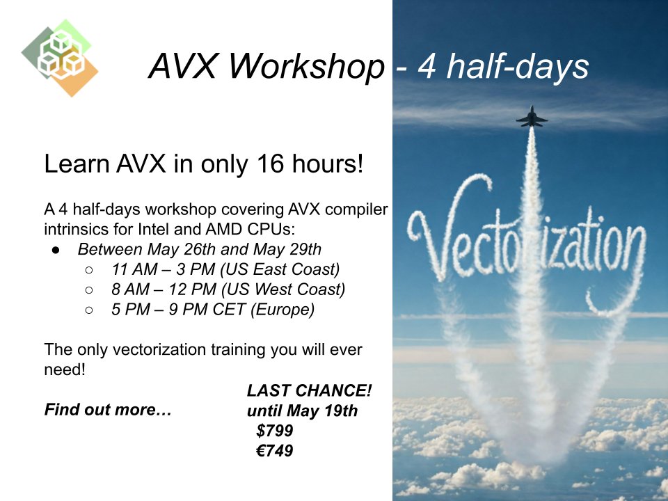 johnnysswlab's tweet image. Last chance to register for AVX vectorization workshop!
More info: johnnysswlab.com/avx-neon-vecto…
Register: info@johnnysswlab.com