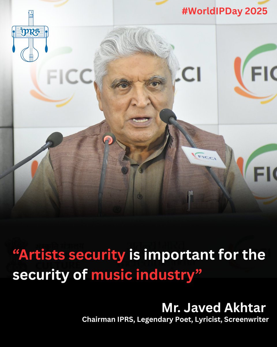 IPRSmusic's tweet photo. Artists’ security is important for the security of the music industry.” – Javed Akhtar

On #WorldIPDay2025, at an event by @ficci_india , Mr. Akhtar emphasized the power of IP in protecting creators and building a sustainable creative future. 🎶 #CopyrightMatters https://t.co/2HypDcFIkP