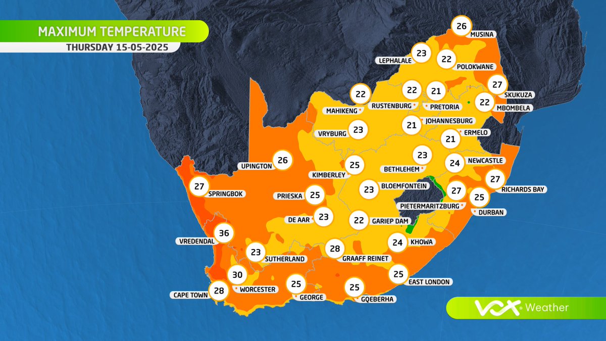 WEATHER MAPS and WARNINGS for this THURSDAY – 15 May 2025

🌞 Calm &amp; dry over the interior
🥵 Bergwinds persist along the West Coast &amp; “oosweer” for Namibia
🔥 Heatwave &amp; fire danger in parts of NC &amp; WC

Watch Meteorologist Michelle Du Plessis LIVE at 6pm on #VoxWeather