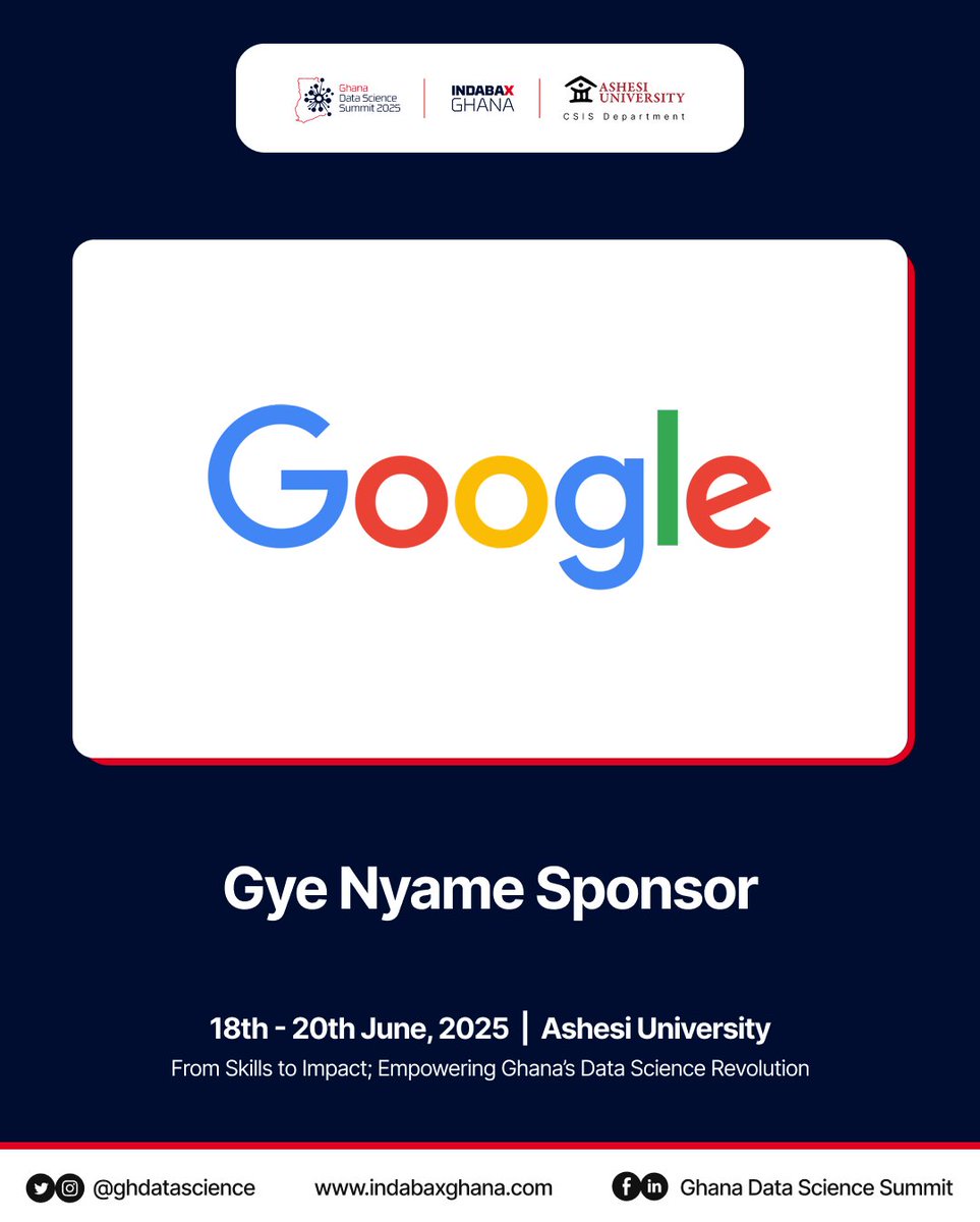 We are thrilled to announce <a href="/Google/">Google</a> as our sponsor for the highly anticipated #GDSS2025. Their relentless dedication to #excellence and groundbreaking #innovation has helped us create this transforming #experience. 

#GDSS2025 #IndabaXGhana #Google #DataScience #AI #ML
