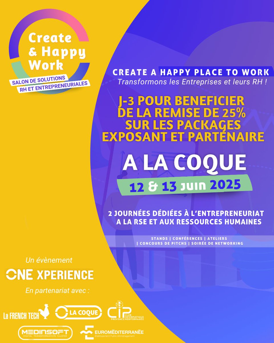🚨 Plus que 3 jours pour profiter de -25 % sur les packages exposants &amp; partenaires des salons #HappyWork &amp; #CreateWork !

Devenez acteur du futur du travail 💼✨
📩 Contactez-nous vite !

#SalonRH #QVT #InnovationRH #Medinsoft #Recrutement