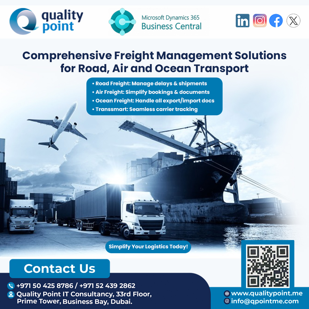 qualitypointdxb's tweet photo. 𝗦𝗶𝗺𝗽𝗹𝗶𝗳𝘆 𝗬𝗼𝘂𝗿 𝗙𝗿𝗲𝗶𝗴𝗵𝘁 𝗢𝗽𝗲𝗿𝗮𝘁𝗶𝗼𝗻𝘀

Efficient Solutions for Every Mode of Transport
Streamline your logistics with smart integrations &amp; powerful tools. Drive efficiency with every shipment!

#dynamics365 #crm #erp #cloud #UAEIT #UAEBusiness #MSDynamics https://t.co/CINjVxoXpe