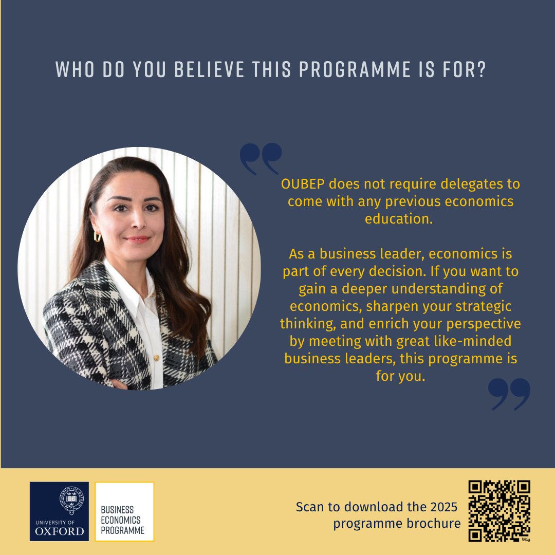 In just one week, we'll launch 'Economics for Business Leaders 2025' - <a href="/OUBEP/">OUBEP</a>'s flagship summer programme for some of the brightest stars in business today.

We are thrilled that <a href="/SeldaOren1/">Selda Oren</a> of <a href="/ProcterGamble/">Procter & Gamble</a>  will be joining us as Course Director!

#Economics #FutureLeaders #CPD
