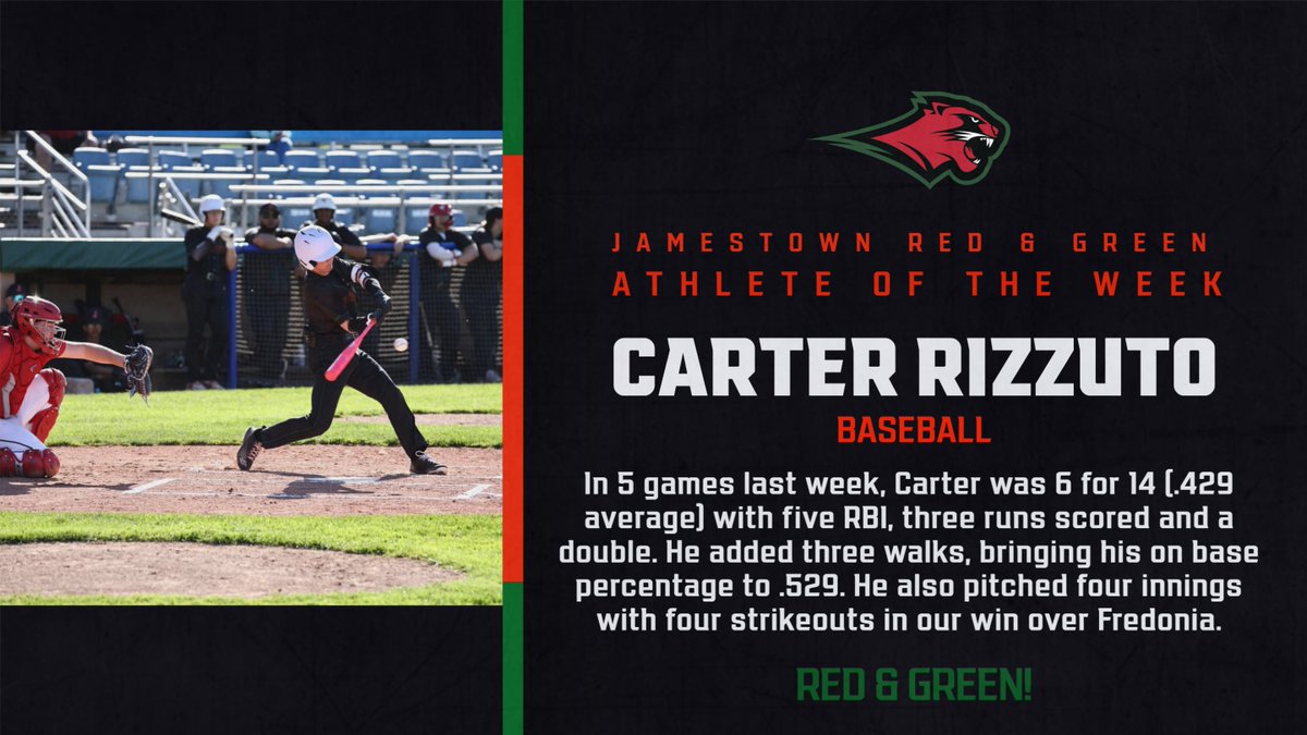 Jamestown Red & Green (@jhsredgreen) on Twitter photo Congratulations to the JHS Athlete of the Week: Carter Rizzuto (baseball)!
<a href="/JamestownSchool/">Jamestown Public Schools</a> Congratulations to the JHS Athlete of the Week: Carter Rizzuto (baseball)!
<a href="/JamestownSchool/">Jamestown Public Schools</a>