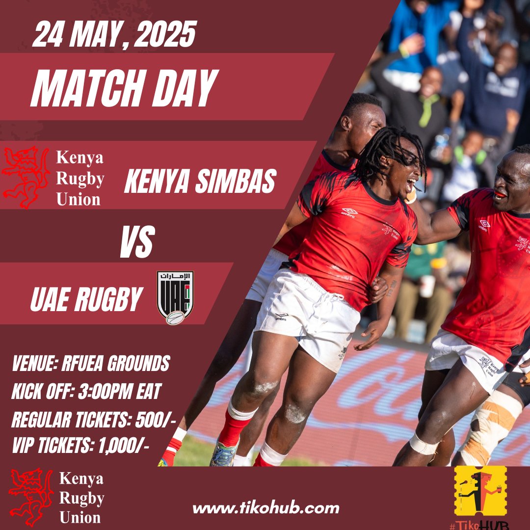 Kenya Rugby (@officialkru) on Twitter photo On Saturday 24th May 2025, the <a href="/KenyaSimbas/">#SupportTheSimbas</a> will host the UAE Rugby Team in a build-up match ahead of their #RAC2025 Campaign.
Grab your tickets at tikohub.com and we'll see you then!
kru.co.ke/kenya-simbas-t… On Saturday 24th May 2025, the <a href="/KenyaSimbas/">#SupportTheSimbas</a> will host the UAE Rugby Team in a build-up match ahead of their #RAC2025 Campaign.
Grab your tickets at tikohub.com and we'll see you then!
kru.co.ke/kenya-simbas-t…