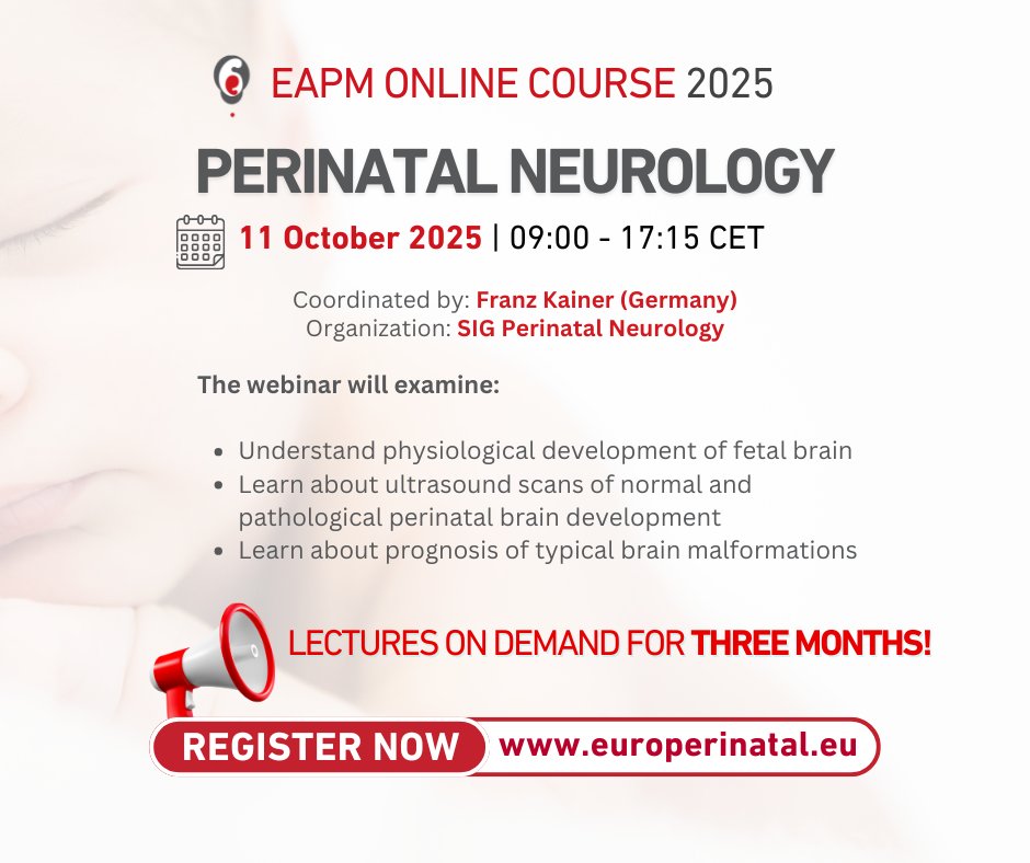 Join us Online on Saturday, 11th October to advance your knowledge and skills on #PerinatalNeurology with our #EAPM Course!

3 months on-demand recordings are included!

Register here✅: bit.ly/3OE8USJ

#fetalmonitoring #perinatalcare #fetus #eapm #eapmcourse #fetusbrai