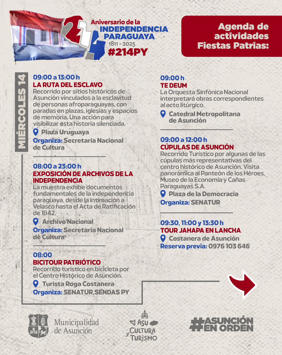 AsuncionMuni's tweet photo. 📌 Hoy y mañana seguimos con las actividades que nos unen. Homenajeamos la Independencia de la Patria y a la Madre, con festividades folklóricas, para toda la familia. Guardá este posteo o mencioná a la persona con quien vas a ir. #214PY 🎼 🇵🇾 https://t.co/U9M63Gz2pY