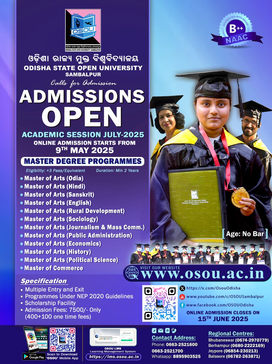 OsouOdisha's tweet image. ADMISSIONS OPEN!!! Academic Year 2025-26 for the Academic Session July 2025. Visit our website: osou.ac.in #pgwithosou Now You can pursue TWO ACADEMIC PROGRAMMES Simultaneously!!! as per UGC guidelines April, 2022. Admission closes on 15th June 2025.