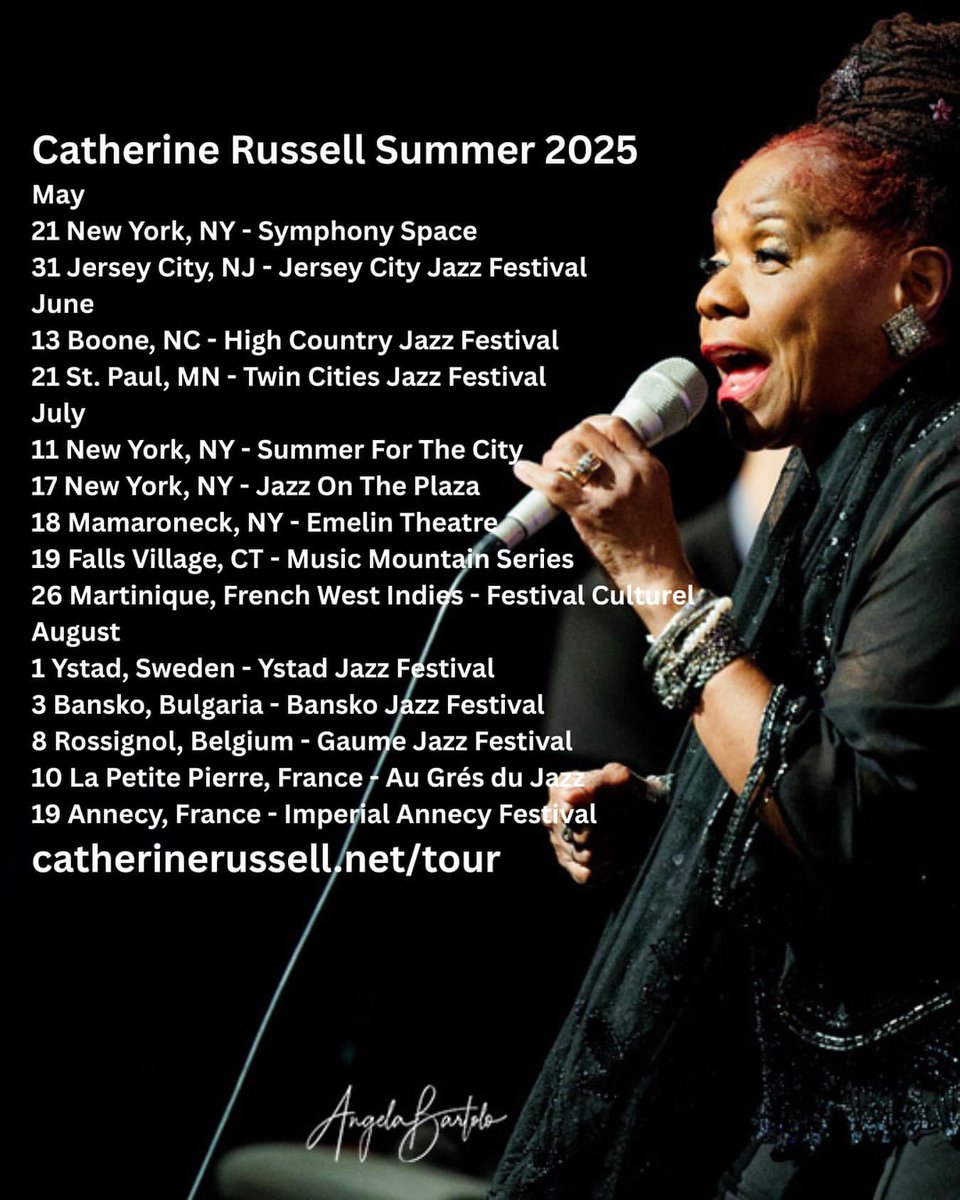 #Repost <a href="/crussellmusic/">Catherine Russell</a> 

Hello USA, Caribbean, &amp; Europe! Summer 2025 Tour Dates coming your way! Join us!

photo by <a href="/angela/">angela</a>.bartolo.photo

#livemusic #tourdates #catherinerussellvocalist #jazzvocals
