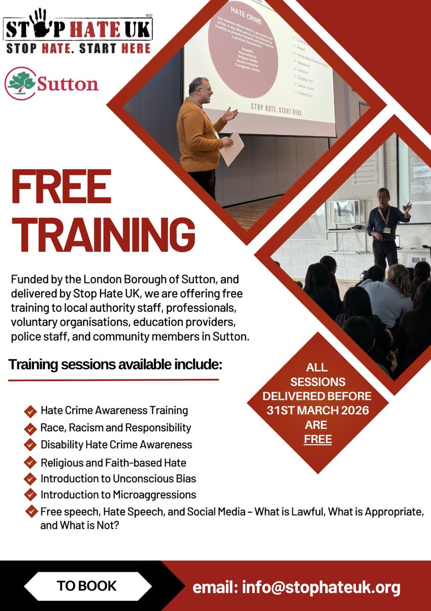 stophateuk's tweet image. Funded by @SuttonCouncil we are delivering free training sessions raising awareness of, how to respond to, & value of reporting #hatecrime to schools, community and public sector groups. Sessions can be delivered online or in-person. For more details, email info@stophateuk.org