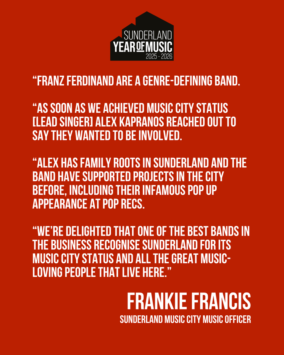 Sunderland Music City (@ukmusiccity) on Twitter photo "As soon as we achieved Music City status Alex reached out to say they wanted to be involved."
Why <a href="/Franz_Ferdinand/">Franz Ferdinand</a> are returning to Sunderland. "As soon as we achieved Music City status Alex reached out to say they wanted to be involved."
Why <a href="/Franz_Ferdinand/">Franz Ferdinand</a> are returning to Sunderland.