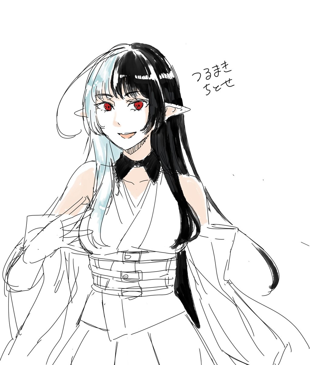 鶴巻ちとせ(仮)です(^o^)
まだ変わるかもしれませんがこんなイメージはどうかなと…
お姉さんで、エルフ耳なのは年齢不詳でいたいという願望
黒髪と銀髪、両方ご意見あったのでどっちも取っちゃおう！という贅沢！