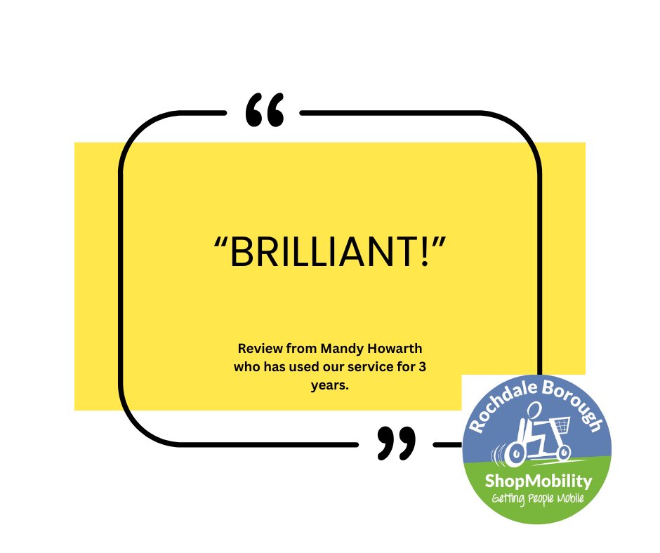 Thank you for the review! 

<a href="/RochdaleBID/">Rochdale Town Centre BID</a> <a href="/RochdaleExch/">Rochdale Exchange</a> <a href="/RochdaleCouncil/">Rochdale Borough Council</a> <a href="/ShopMobilityUK/">ShopMobilityUK</a> <a href="/BeeNetwork/">Bee Network</a> <a href="/HMRCircleCIC/">HM&R Circle CIC</a> <a href="/HWRochdale/">Healthwatch Rochdale</a>
