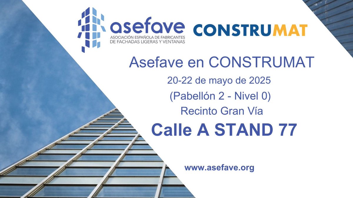 🔊 Desde ASEFAVE, estamos encantados de anunciar que este año volvemos a Construmat

👉Consigue tu entrada con un 60%  registration.firabarcelona.com...

👉 ¿Te gustaría asistir gratis? Escríbenos por DM o directamente a través de nuestra web asefave.org/contacto y consigue tu código