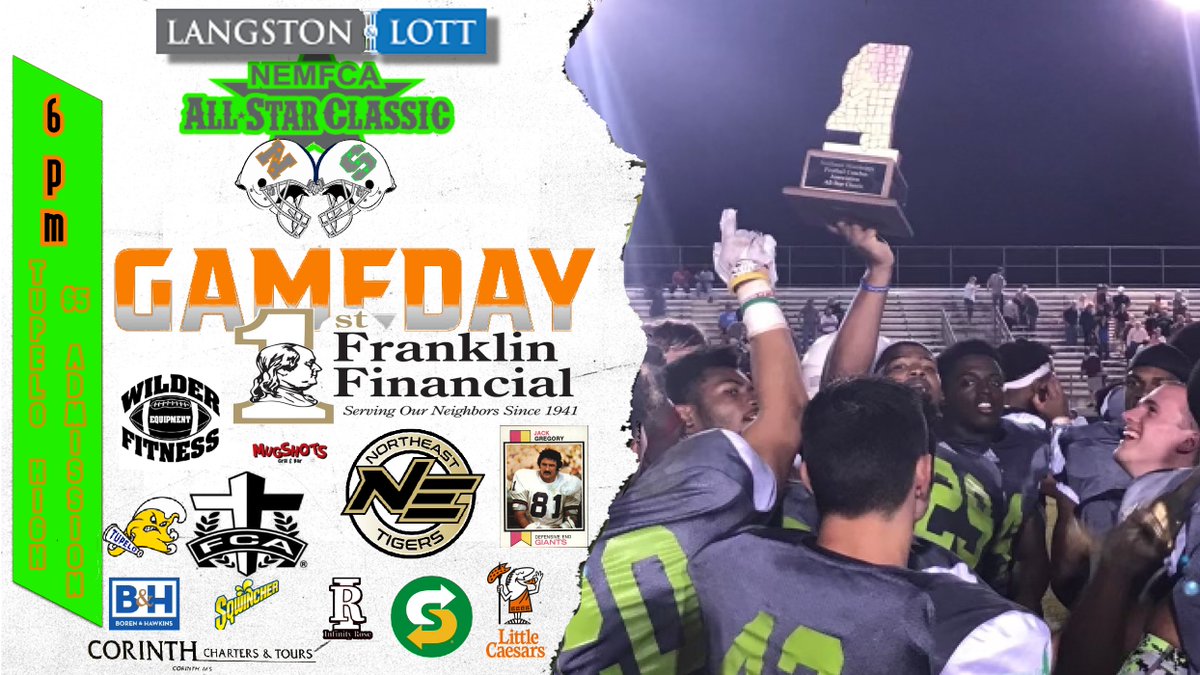 Northeast Mississippi Football Coaches Assn. (@nemfca2013) on Twitter photo Wake Up!!! It's <a href="/NEMFCA2013/">Northeast Mississippi Football Coaches Assn.</a> Game Day for the 13th Annual All-Star Classic at <a href="/TupFB/">Tupelo High Football</a> Tupelo High, 6 p.m. Kickoff and Admission is $5. Sponsored by <a href="/LangstonLott/">Langston & Lott</a> <a href="/1stFranklin/">1st Franklin Financial</a> <a href="/NEMCCTigers/">Northeast Tigers</a> <a href="/infinityrose_sp/">Infinity Rose Sports</a> <a href="/TheFCATeam/">FCA</a> <a href="/mississippifca/">Mississippi FCA</a> <a href="/gentfromPanola/">Josh Hawkins</a> <a href="/SUBWAY/">Subway®</a> <a href="/littlecaesars/">Little Caesars Pizza</a> @mugshots Wake Up!!! It's <a href="/NEMFCA2013/">Northeast Mississippi Football Coaches Assn.</a> Game Day for the 13th Annual All-Star Classic at <a href="/TupFB/">Tupelo High Football</a> Tupelo High, 6 p.m. Kickoff and Admission is $5. Sponsored by <a href="/LangstonLott/">Langston & Lott</a> <a href="/1stFranklin/">1st Franklin Financial</a> <a href="/NEMCCTigers/">Northeast Tigers</a> <a href="/infinityrose_sp/">Infinity Rose Sports</a> <a href="/TheFCATeam/">FCA</a> <a href="/mississippifca/">Mississippi FCA</a> <a href="/gentfromPanola/">Josh Hawkins</a> <a href="/SUBWAY/">Subway®</a> <a href="/littlecaesars/">Little Caesars Pizza</a> @mugshots