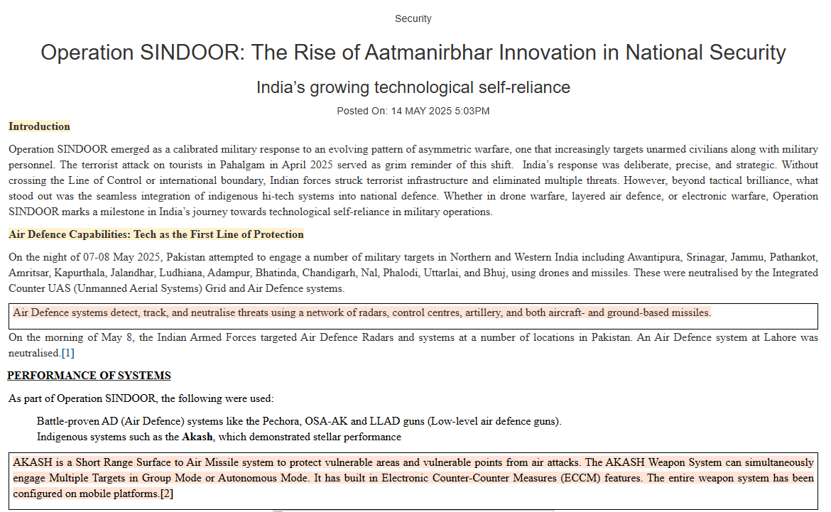 ANI's tweet photo. PIB releases a detailed background note on Operation Sindoor. 

As part of Operation SINDOOR, the following were used- Battle-proven AD (Air Defence) systems like the Pechora, OSA-AK and LLAD guns (Low-level air defence guns), Indigenous systems such as the AKASH, which demonstrated stellar performance.