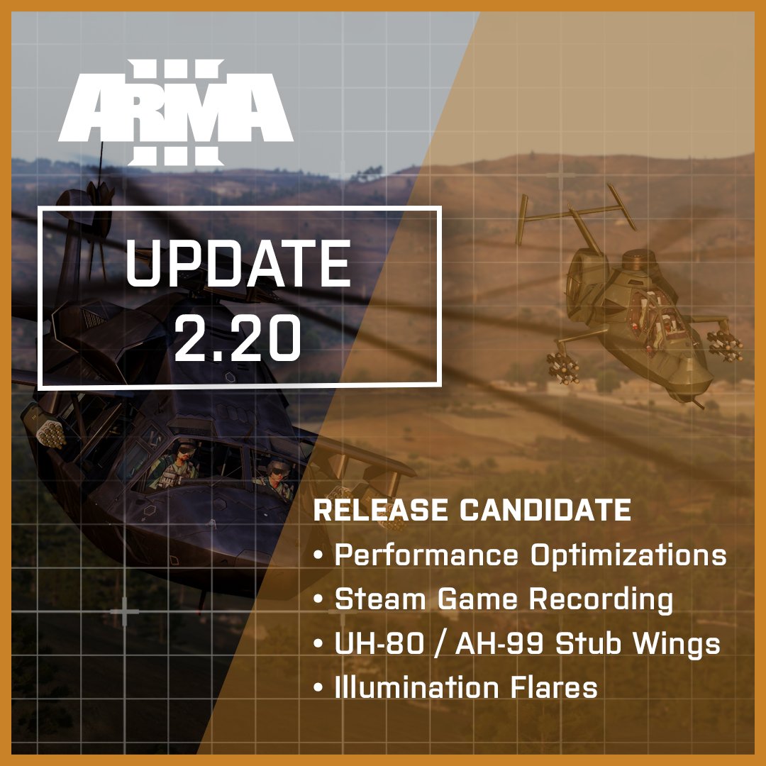 ArmaPlatform's tweet photo. The time has come to start testing the #Arma3 update 2.20 Release Candidate. Various performance optimizations should offer smoother gameplay, custom @Steam Game Recording support has been added, Ghost Hawk and Blackfoot helicopters have had stub wings fitted, and illumination flares now aid nighttime operations. Enjoy!

💡Details: https://t.co/E8U7hZBwS1
📥Steam access code: Arma3Update220RC