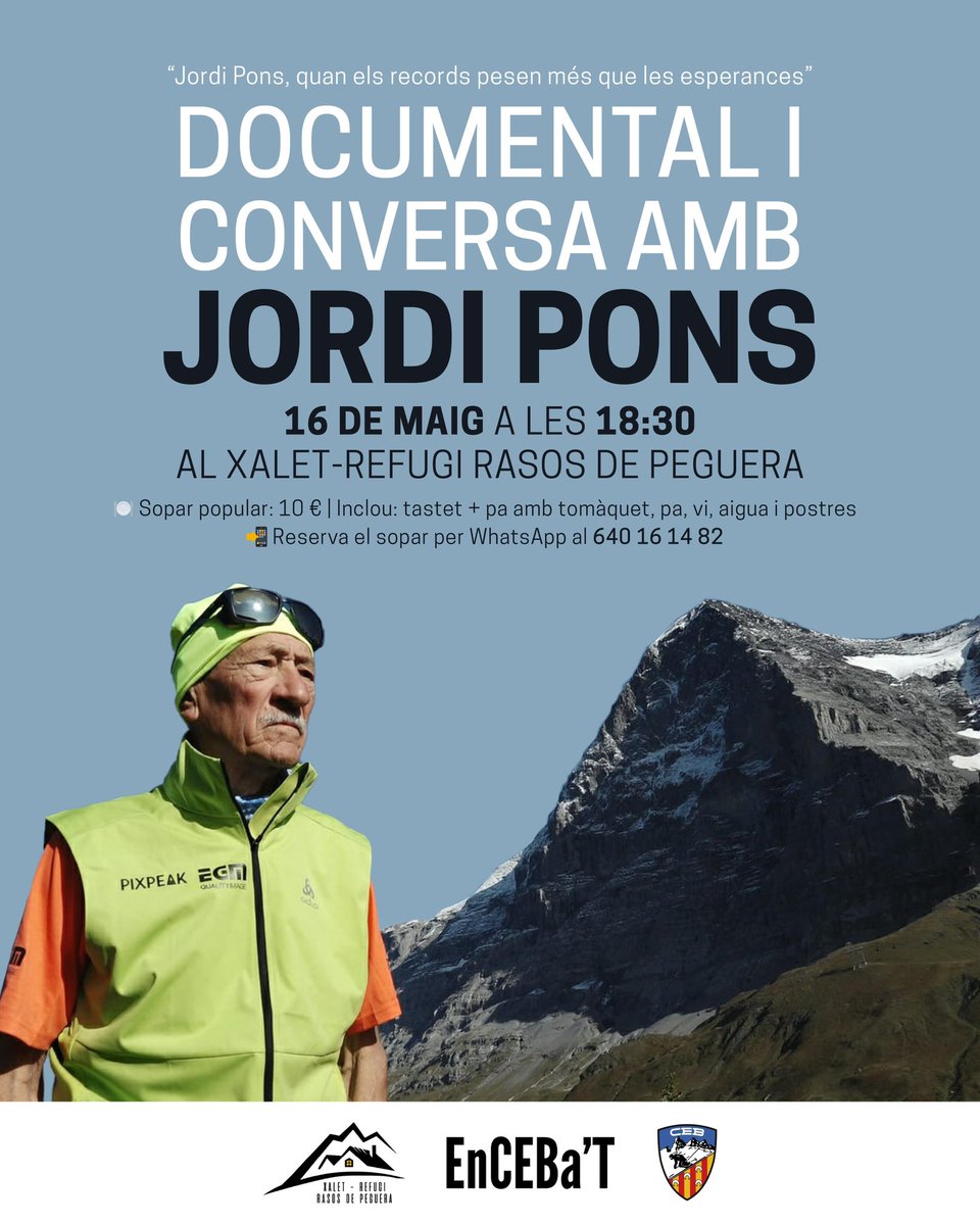 Xalet-Refugi Rasos de Peguera (@refugirasos) on Twitter photo DOCUMENTAL i CONVERSA amb JORDI PONS
📽️ “Quan els records pesen més que les esperances”
📆Divendres 16 de maig, 18:30h
📍Xalet-Refugi Rasos de Peguera
Entrada gratuïta, sopar amb reserva via Whatsapp al 640161482
Organitza: <a href="/CEB_Berga/">Club Esquí Berguedà</a> #EnCEBat i <a href="/refugirasos/">Xalet-Refugi Rasos de Peguera</a> DOCUMENTAL i CONVERSA amb JORDI PONS
📽️ “Quan els records pesen més que les esperances”
📆Divendres 16 de maig, 18:30h
📍Xalet-Refugi Rasos de Peguera
Entrada gratuïta, sopar amb reserva via Whatsapp al 640161482
Organitza: <a href="/CEB_Berga/">Club Esquí Berguedà</a> #EnCEBat i <a href="/refugirasos/">Xalet-Refugi Rasos de Peguera</a>