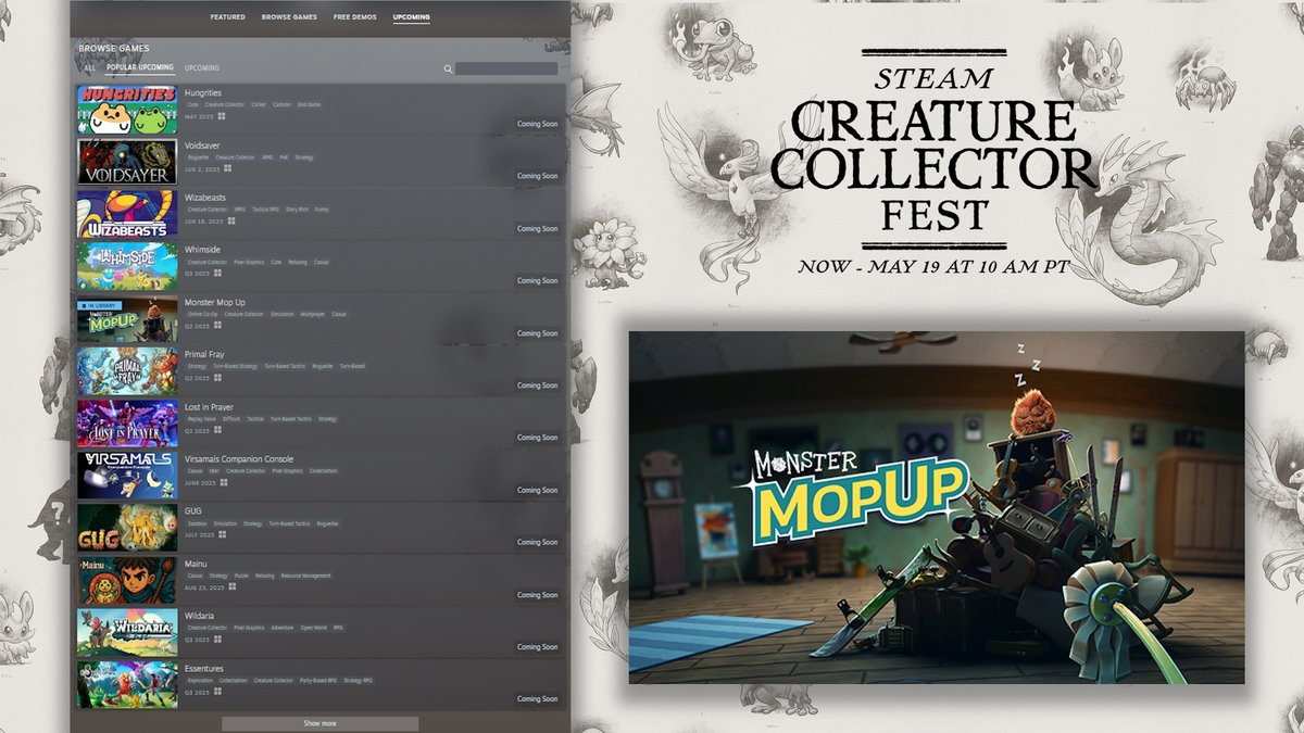Monster Mop Up is on the Creature Collector Fest on Steam, in the fifth spot of the most popular upcoming games! 🎉🎉🎉
Find more about the game, play the demo and wishlist on store.steampowered.com/app/2451310/Mo…