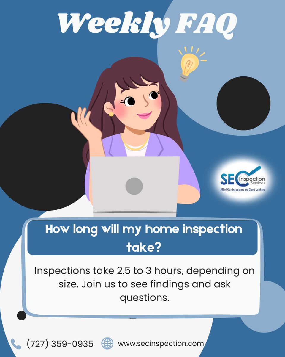 G00dL00ker's tweet image. Your home inspection in 2.5 to 3 hours – be there to see the findings and ask questions!
Read more FAQ here: secinspection.com/faq/

(727) 359-0935

#PeaceOfMindGuaranteed #VerifiedRepairs #HomeInspectionExperts #HomeRepairsDoneRight #CertifiedInspectors #PostRepairPeace