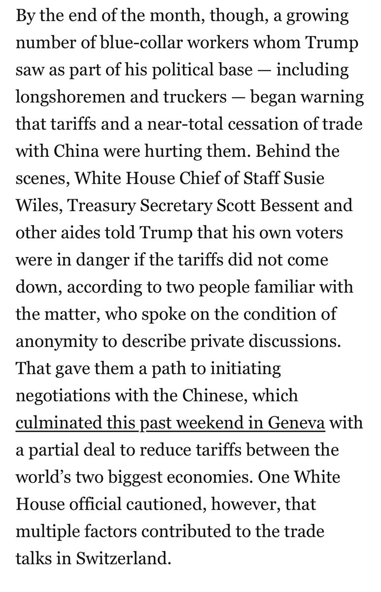 Why did Trump blink on China tariffs?

“The key argument was that this was beginning to hurt Trump’s supporters — Trump’s people,” one person briefed on the talks said. “It gave Susie [Wiles] a key window.”

Great reporting from @JStein_WaPo <a href="/natalie_allison/">Natalie Allison</a> <a href="/davidjlynch/">David J. Lynch</a>