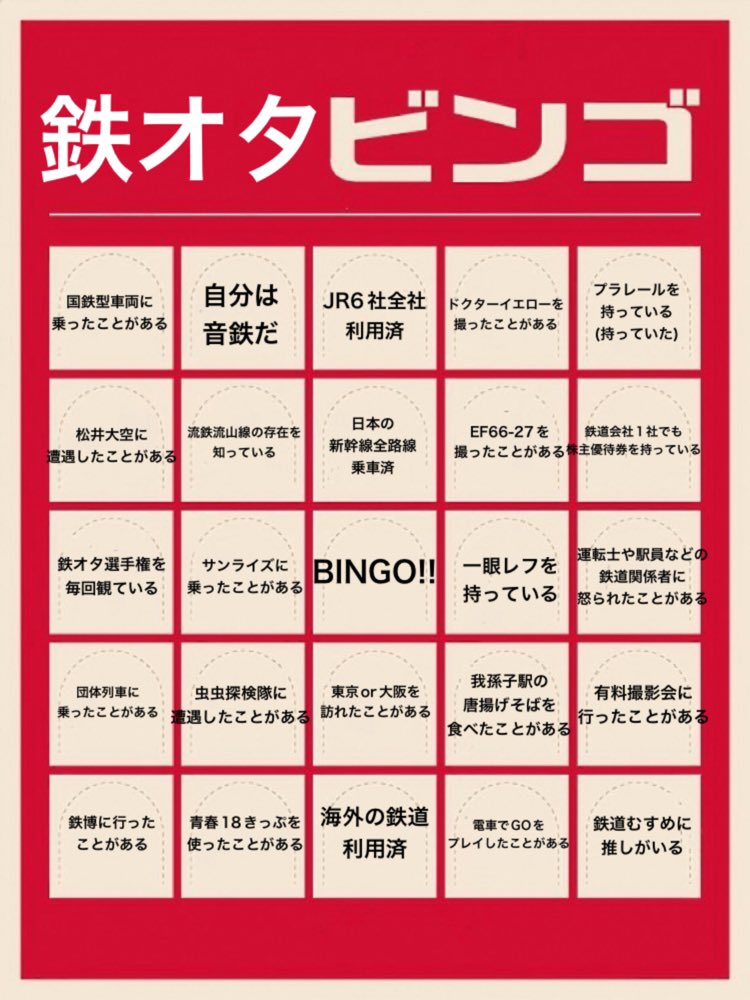 鉄オタビンゴ作ってみました！
皆さん是非やってみて下さい！