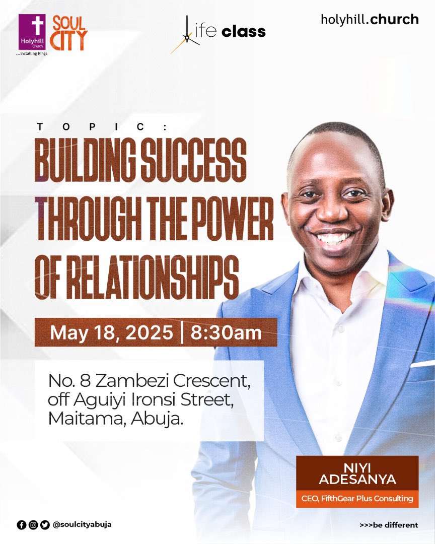 Success isn't built in isolation! 
Join us this Sunday as Niyi Adesanya unpacks the power of strategic relationships! 
Don't miss out!
🗓️May 18th, 2025 
⏰8:30am
📍No. 8 Zambezi Crescent, off Aguiyi Ironsi Street, Maitama, Abuja.
