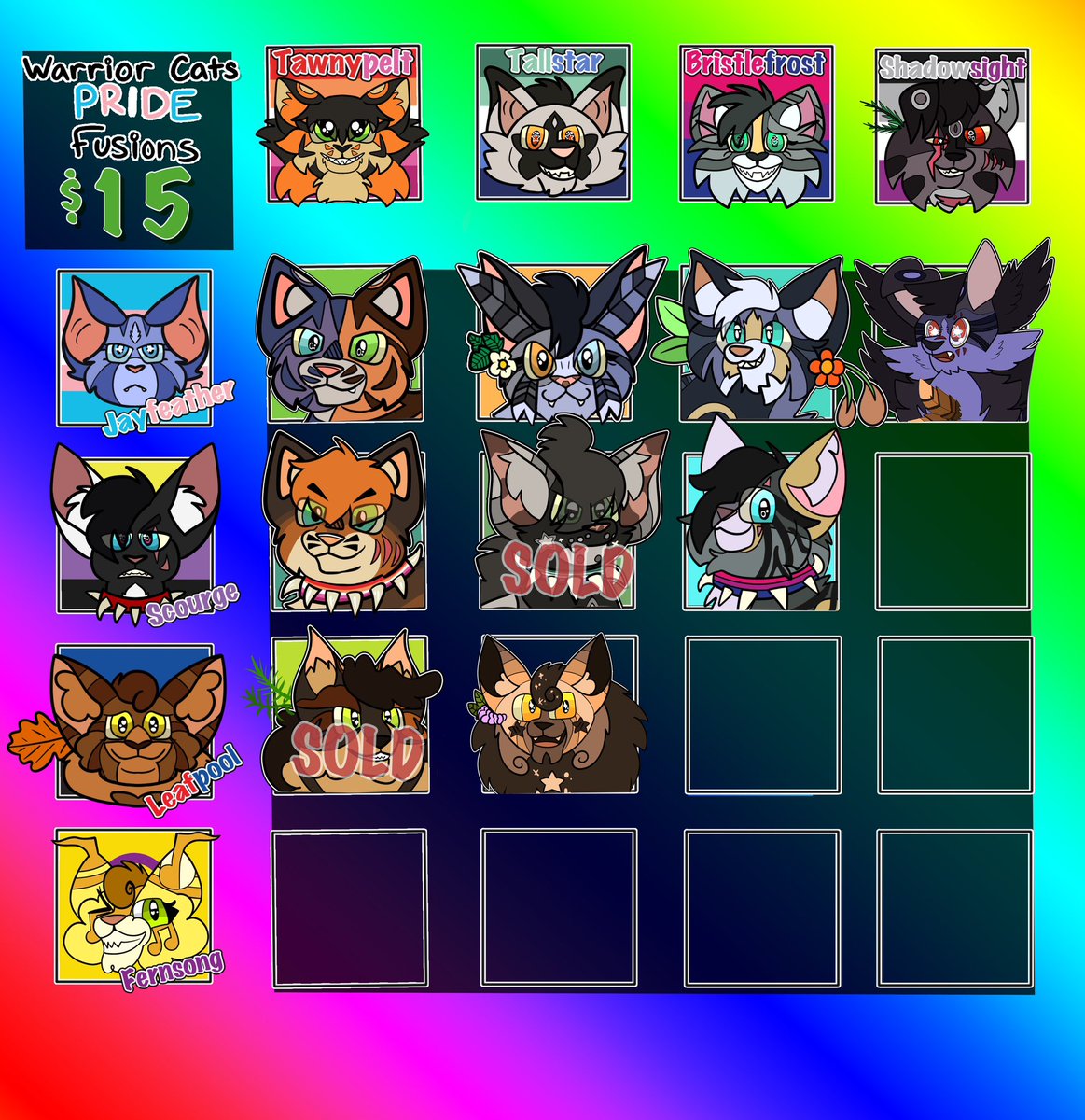 WARRIOR CATS PRIDE ❤️🧡💛💚💙💜DESIGN FUSIONS

Including Tawnypelt, Tallstar, Bristlefrosr, Shadowsight, Jayfeather, Leafpool and Fernsong! 

💲1️⃣5️⃣

DM to claim/preclaim! (Here or discord RossThePuppyCat)

#warriorcats #furryadopts