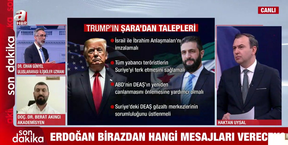 Cumhurbaşkanımız <a href="/RTErdogan/">Recep Tayyip Erdoğan</a> 'ın Riyad'da ABD Başk. Trump, Suudi V.P.Muhammed bin Selman ve Suriye CB Ahmed Şara'nın bir araya geldiği çevrimiçi toplantıyı ve bölgeye etkilerini değerlendirmek için <a href="/ahaber/">A Haber</a> #ajansbugün programında @haktanuysal 'nın konuğu olduk.#Suriye #Gazze #Irak
