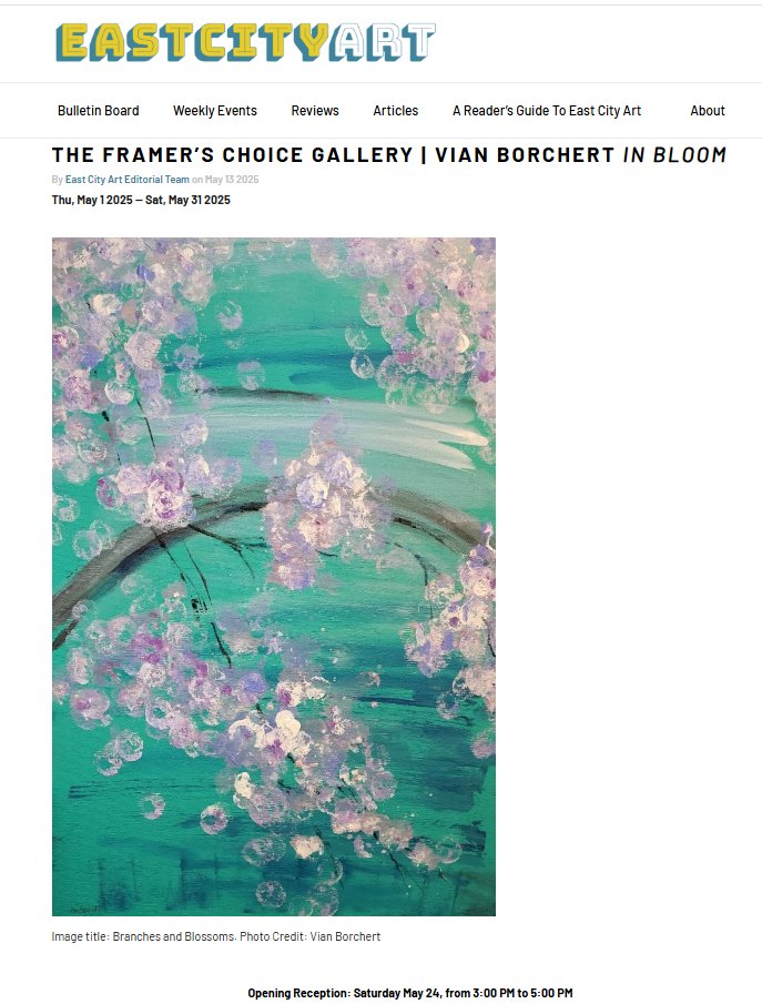 Thank you <a href="/eastcityart/">East City Art</a> - "In Bloom" #artexhibition is currently ongoing &amp; open to public for viewing.  RECEPTION on Sat, May 24, 3-5 PM (FREE) @ Framer's Choice Gallery at: 402 Main St. #Gaithersburg, MD 20878 in #kentlands GalleryHours: Mon- Sat: 10AM-3PM - #dmv #dcarts