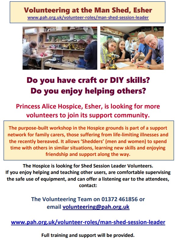 Do you have craft or DIY skills? Do you enjoy helping others?  Princess Alice Hospice, Esher, are looking for more volunteers to join its support community. If interested contact them at: The Volunteering Team on 01372 461856 or email volunteering@pah.org.uk
<a href="/PAHospice/">Princess Alice Hospice</a>